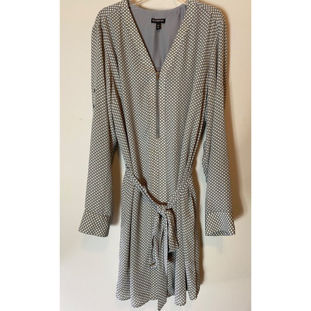 Express Tunic Dress Gray & White Polka Dot Belted Long Sleeve Large
